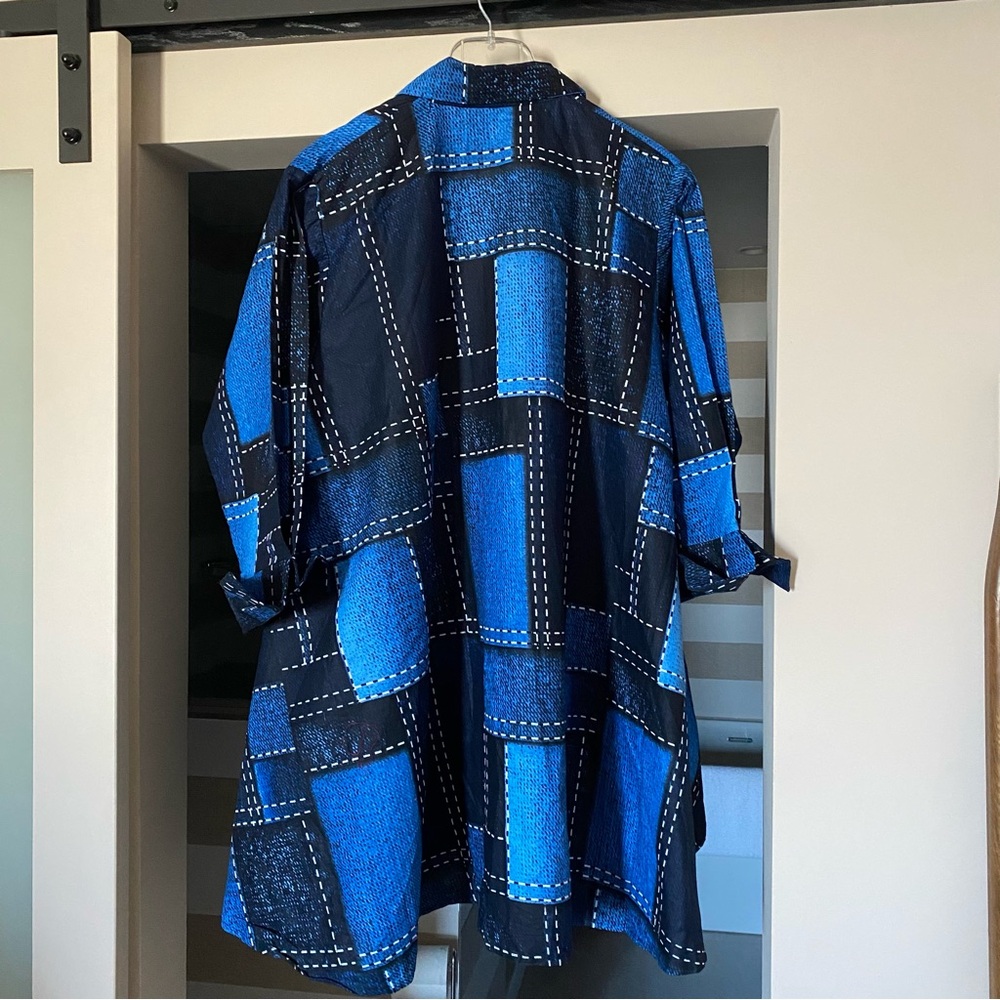 Casual Blue Long Sleeve Dress with Mandarin Collar - Picture 2 of 10